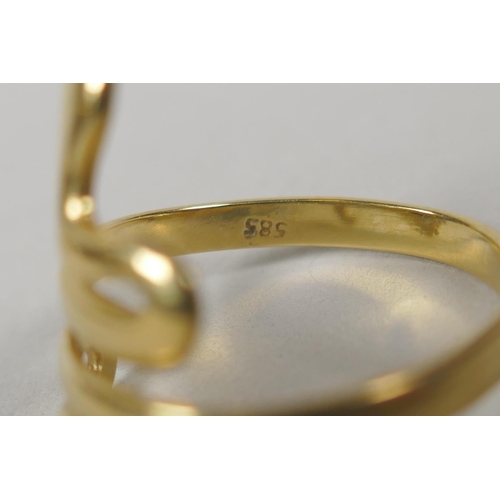 620 - Two 14ct gold snake rings and a 14ct gold Greek key design ring, and two other 14ct rings for scrap,... 