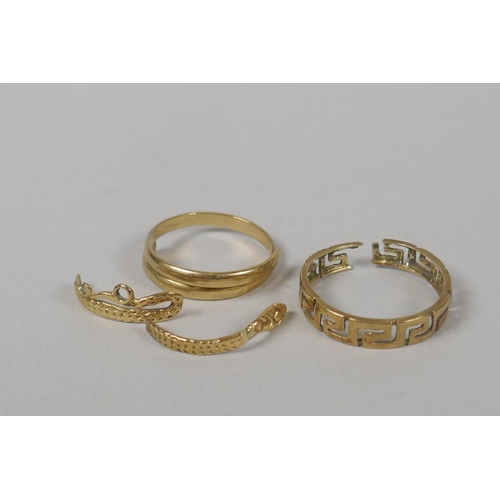 620 - Two 14ct gold snake rings and a 14ct gold Greek key design ring, and two other 14ct rings for scrap,... 