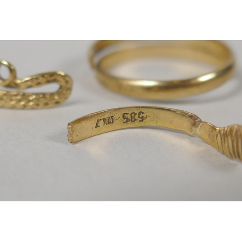 620 - Two 14ct gold snake rings and a 14ct gold Greek key design ring, and two other 14ct rings for scrap,... 