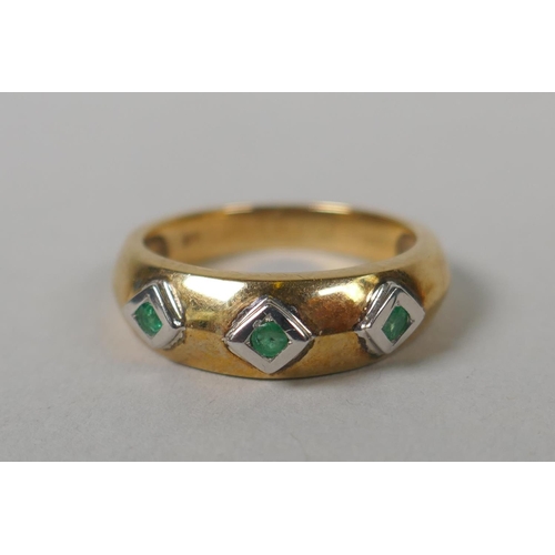 625 - A 10ct white gold and green jade panel ring set with a diamond, size M, a 10ct gold and emerald set ... 