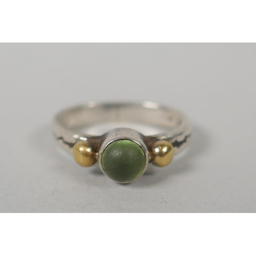 625 - A 10ct white gold and green jade panel ring set with a diamond, size M, a 10ct gold and emerald set ... 