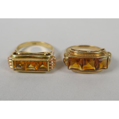 629 - A 14ct gold three stone citrine set dress ring, size O, 4.1g gross, and a similar German 8ct gold th... 