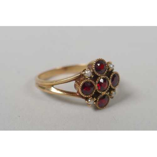 631 - Three 9ct gold dress rings set with garnets and citrines, sizes P, P and M, 7.3g gross, and a vintag... 