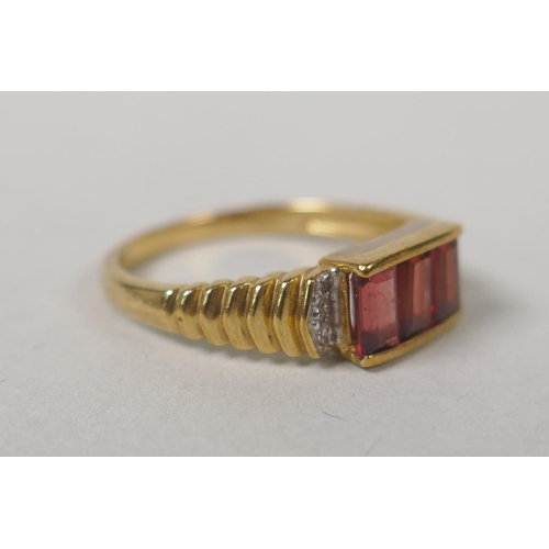 632 - Two vintage 10ct gold and garnet set dress rings, size Q and P, 5.4g gross, a 9ct gold and garnet th... 