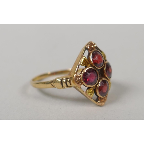 632 - Two vintage 10ct gold and garnet set dress rings, size Q and P, 5.4g gross, a 9ct gold and garnet th... 