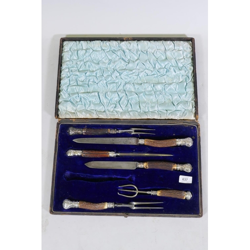 637 - A Victorian Sheffield silver plated carving set with antler horn handles, in velvet lined case, lack... 