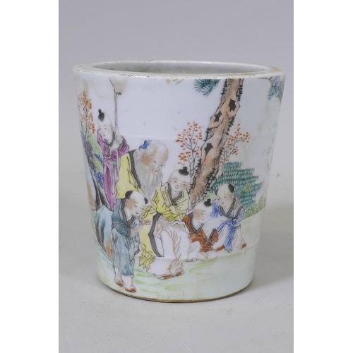 65 - Chinese ceramic famille verte pot with decoration of a scholar and acolytes, and inscription verso, ... 