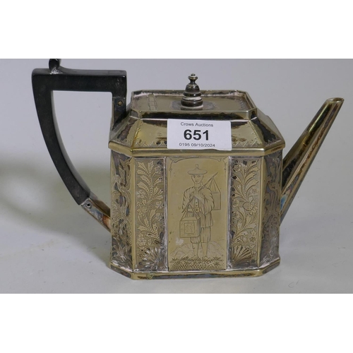 651 - A C19th silver plated tea pot with engraved chinoiserie decoration of a Chinese tea vendor, 12cm hig... 