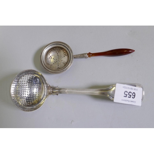 655 - A Dutch silver tea strainer, the Hague, 1865, marked VK for J.M. van Kempen & Son, 46g, and a sm... 