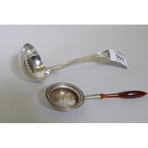 655 - A Dutch silver tea strainer, the Hague, 1865, marked VK for J.M. van Kempen & Son, 46g, and a sm... 