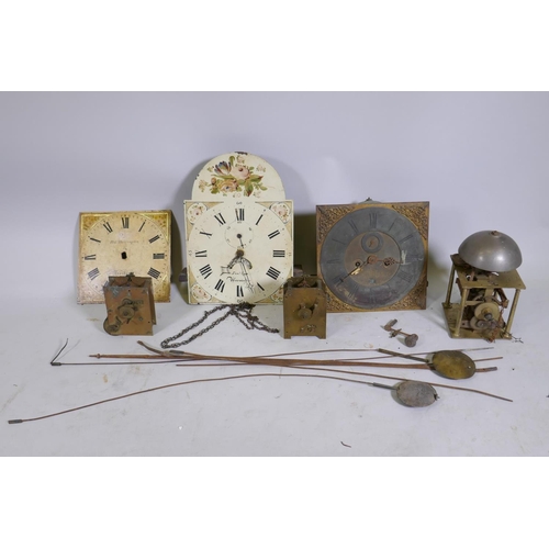 656 - A collection of C19th and early C20th longcase clock movements, dials and pendulums, AF for restorat... 