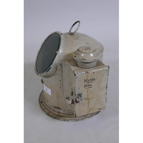 8 - A Sestrel marine ship's gimballed compass in a painted brass binnacle with paraffin lamp, 27 x 23cm ... 