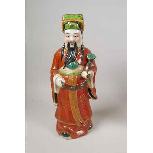 80 - Three Chinese polychrome porcelain figures depicting Fu, Lu and Shou, impressed mark to base, 29cm h... 