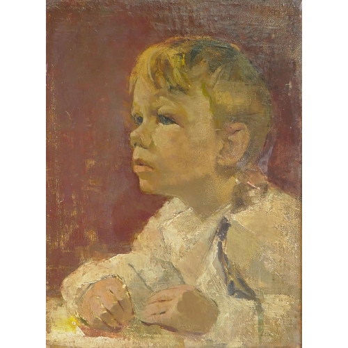 801 - Mid century British School, portrait of a boy, indistinctly signed, oil on canvas laid on board, 31 ... 