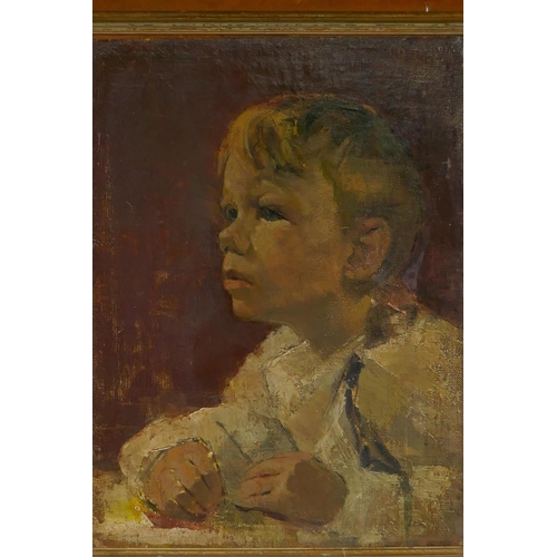 801 - Mid century British School, portrait of a boy, indistinctly signed, oil on canvas laid on board, 31 ... 