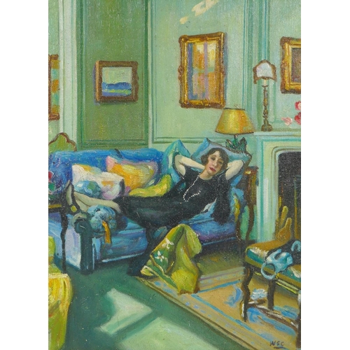 807 - A colourist portrait of a woman reclining on a couch, initialled WSC, oil on canvas board, 25 x 32cm