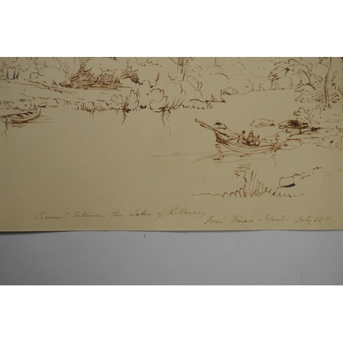 809 - Irish School, two ink drawings, one inscribed 'Channel between the lakes of Kilarney' largest 28 x 3... 