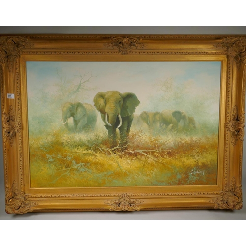 811 - J. Carley, Pride of Elephants, oil on canvas, 92 x 61cm