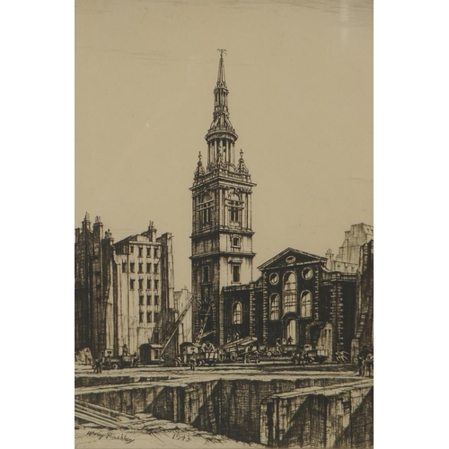 816 - Henry Rushbury, St Mary le Bow, London, dated 1943 within the plate, signed drypoint etching, 30 x 2... 