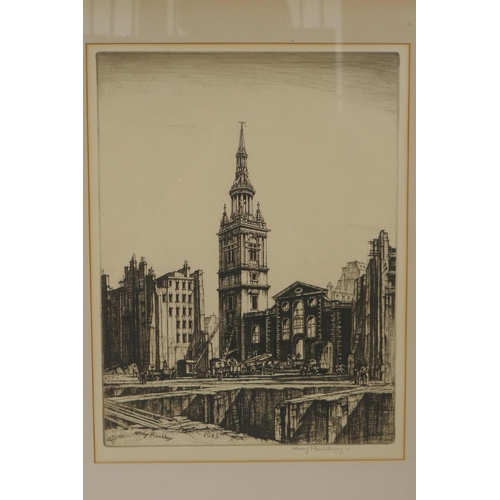 816 - Henry Rushbury, St Mary le Bow, London, dated 1943 within the plate, signed drypoint etching, 30 x 2... 