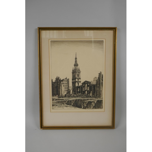 816 - Henry Rushbury, St Mary le Bow, London, dated 1943 within the plate, signed drypoint etching, 30 x 2... 