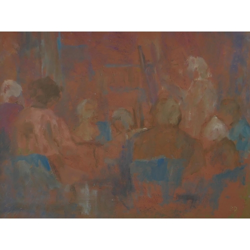 818 - The Art Class, inscribed with initials B.D., C20th, oil on board, 34 x 43cm