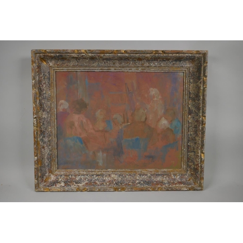 818 - The Art Class, inscribed with initials B.D., C20th, oil on board, 34 x 43cm