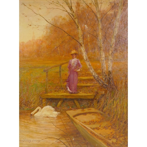 819 - Joseph Edward Homerville Hague, (late C19th/early C20th), lady by a lake with a swan, 41 x 51cm