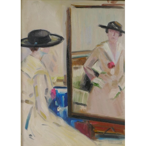 820 - A Scottish colourist portrait, woman in a black bonnet, oil on canvas board, 29 x 39cm