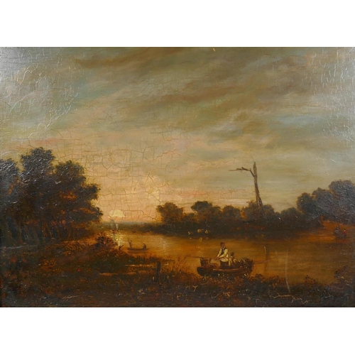 822 - Boatmen on a river at sunset, C18th/19th, oil on oak panel, 30 x 39cm