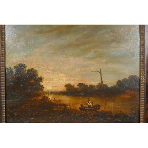 822 - Boatmen on a river at sunset, C18th/19th, oil on oak panel, 30 x 39cm