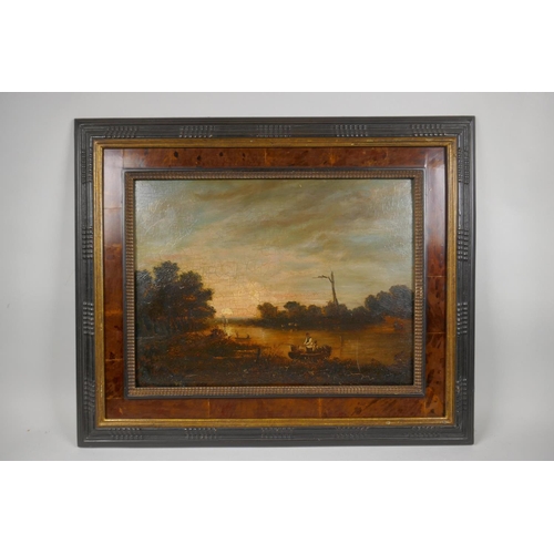 822 - Boatmen on a river at sunset, C18th/19th, oil on oak panel, 30 x 39cm