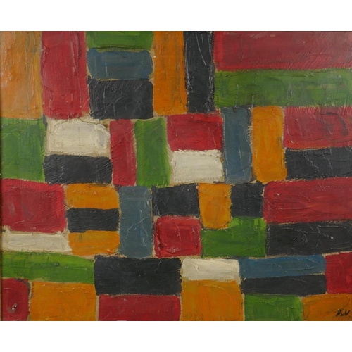 823 - Abstract, initialled K.V. and dated 1957, impasto oil on board, 58 x 47cm