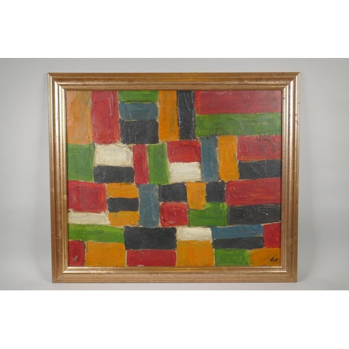 823 - Abstract, initialled K.V. and dated 1957, impasto oil on board, 58 x 47cm