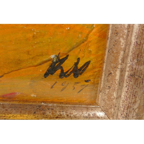 823 - Abstract, initialled K.V. and dated 1957, impasto oil on board, 58 x 47cm