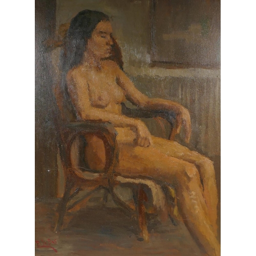 824 - Impressionist style portrait, seated female nude, signed E. le Bas, oil on canvas board, 45 x 60cm