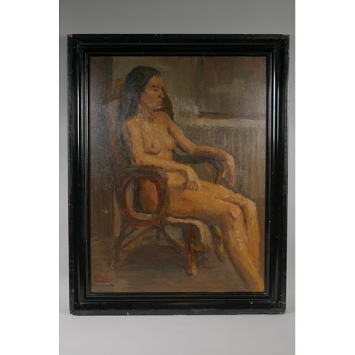 824 - Impressionist style portrait, seated female nude, signed E. le Bas, oil on canvas board, 45 x 60cm