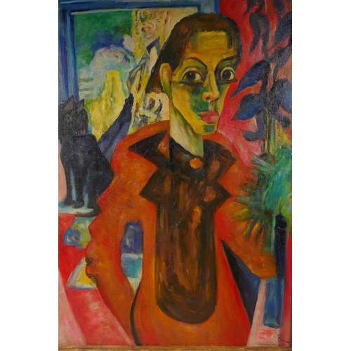 827 - A German Expressionist portrait of a figure with a cat, oil on canvas laid on board, 49 x 69cm