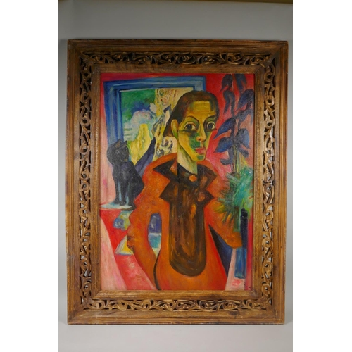 827 - A German Expressionist portrait of a figure with a cat, oil on canvas laid on board, 49 x 69cm