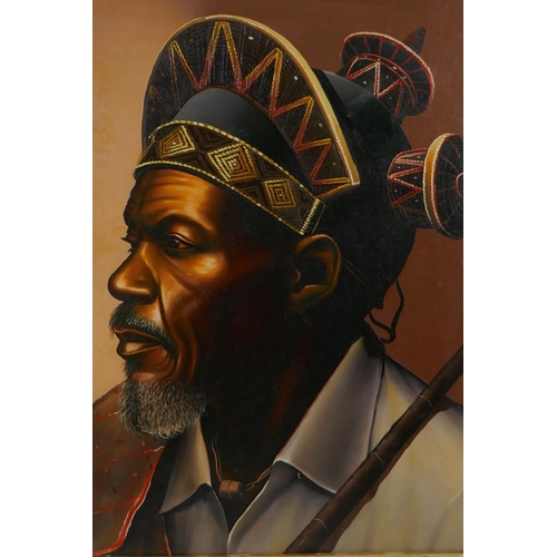 828 - Portrait of an African gentleman in a tribal headdress, oil on board, 33 x 45cm