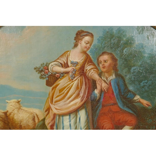 829 - In the manner of Francois Boucher, study of a young couple with sheep in a landscape, C19th oil on c... 