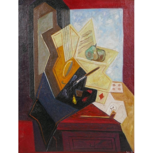 831 - After Juan Gris, (Spanish, 1887-1927), The Painter's Window, cubist still life, oil on canvas board,... 