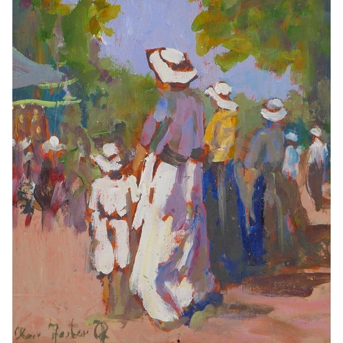 832 - Ross Foster, figures at a village fair, signed, oil on board, 19 x 19cm