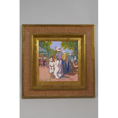 832 - Ross Foster, figures at a village fair, signed, oil on board, 19 x 19cm