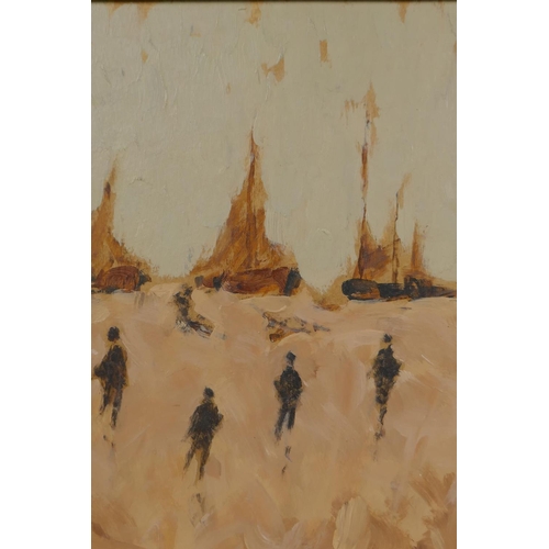 833 - Fisherfolk near beached boats, a pair of Impressionist style oils on board, 26 x 21cm