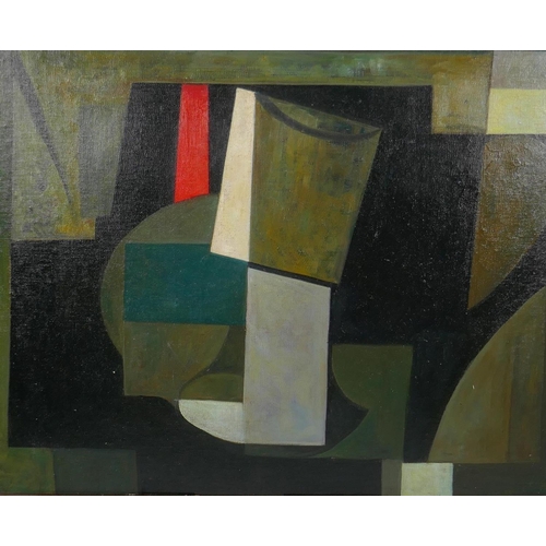 835 - Abstract still life, in the manner of Ben Nicholson, oil on canvas board, 48 x 38cm