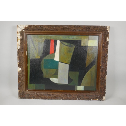 835 - Abstract still life, in the manner of Ben Nicholson, oil on canvas board, 48 x 38cm