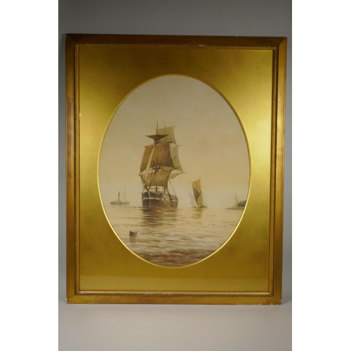 837 - Frederick James Aldridge, English gun ship and other shipping on calm waters, signed, oval mounted g... 