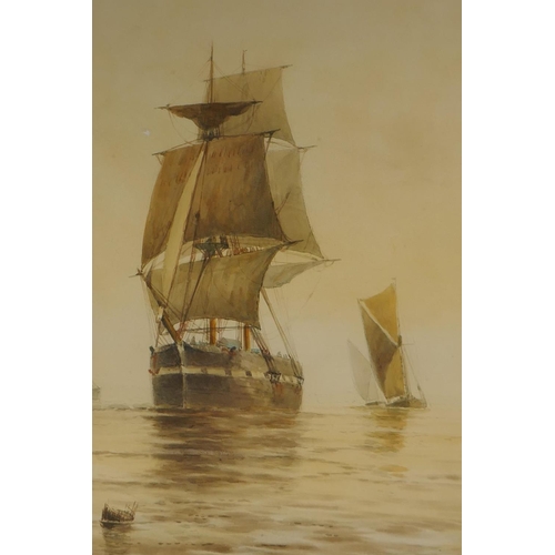 837 - Frederick James Aldridge, English gun ship and other shipping on calm waters, signed, oval mounted g... 