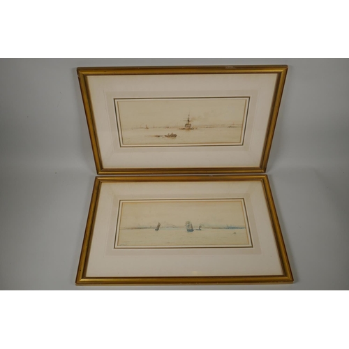 839 - Albert Markes, mixed shipping in the Thames estuary, pair of signed watercolours, 14 x 35cm